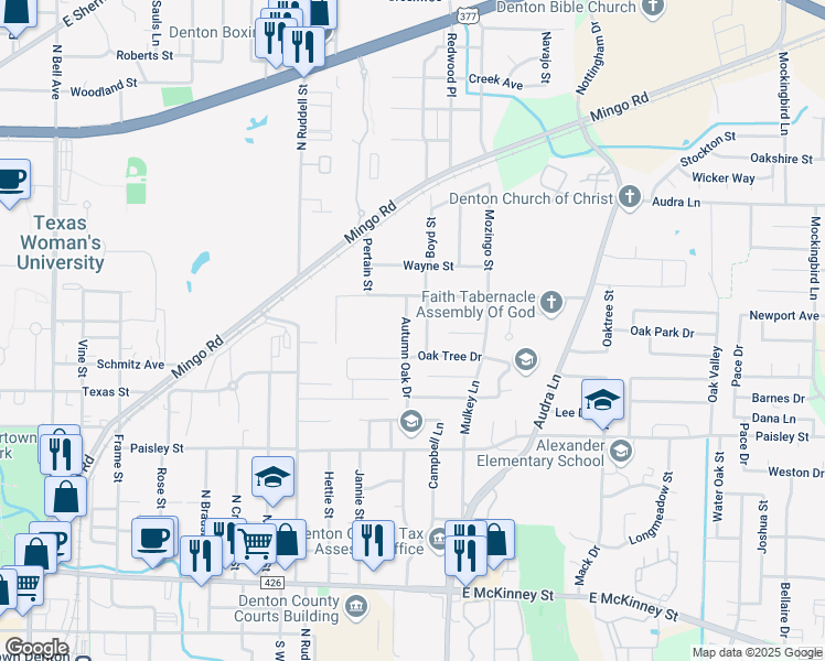 map of restaurants, bars, coffee shops, grocery stores, and more near 1116 Autumn Oak Drive in Denton