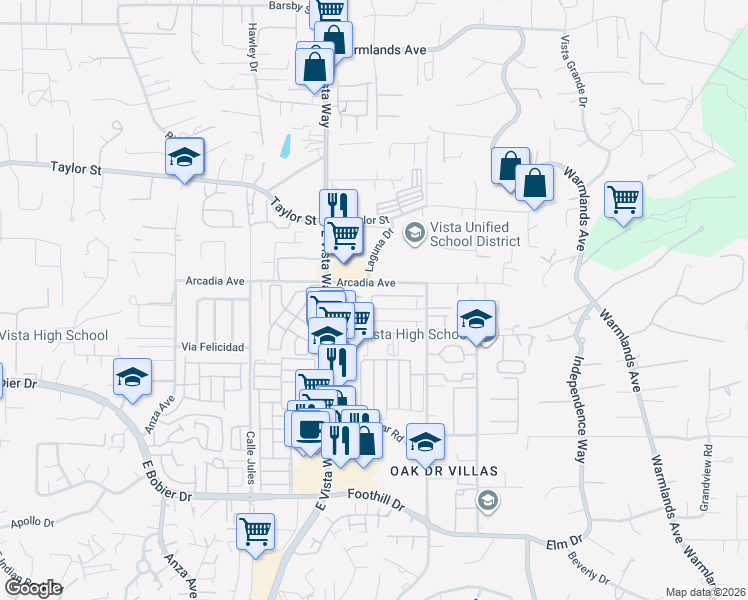 map of restaurants, bars, coffee shops, grocery stores, and more near 1204 Monique Court in Vista
