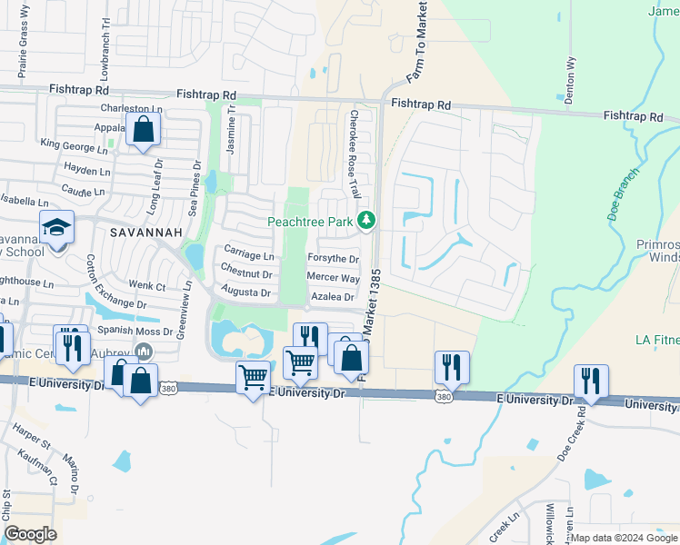 map of restaurants, bars, coffee shops, grocery stores, and more near 1809 Mercer Way in Aubrey