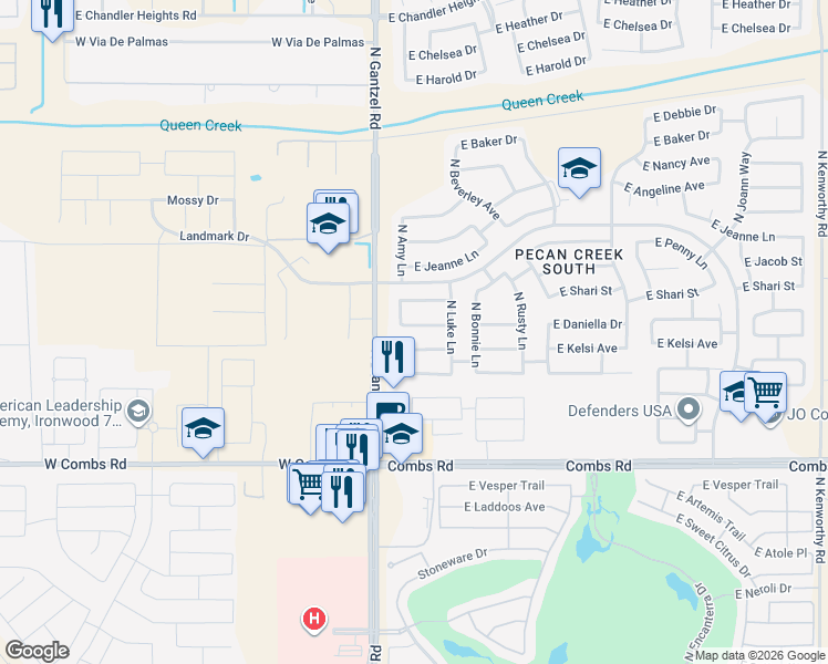 map of restaurants, bars, coffee shops, grocery stores, and more near 38088 North Amy Lane in Queen Creek