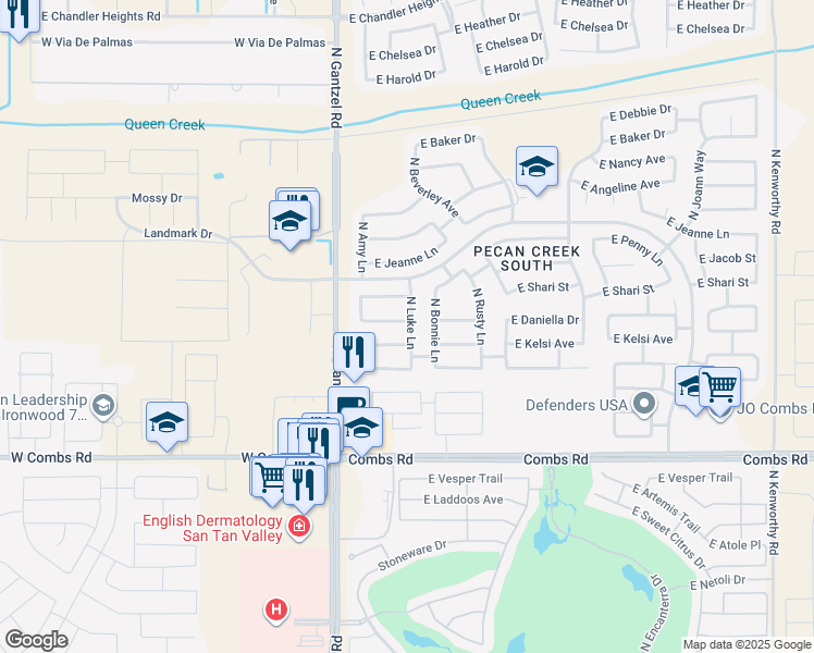map of restaurants, bars, coffee shops, grocery stores, and more near 457 East Penny Lane in San Tan Valley
