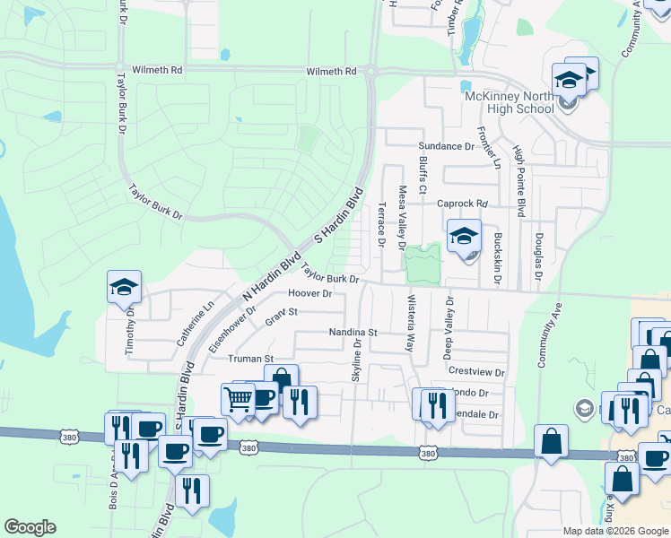 map of restaurants, bars, coffee shops, grocery stores, and more near Hardin Boulevard in McKinney