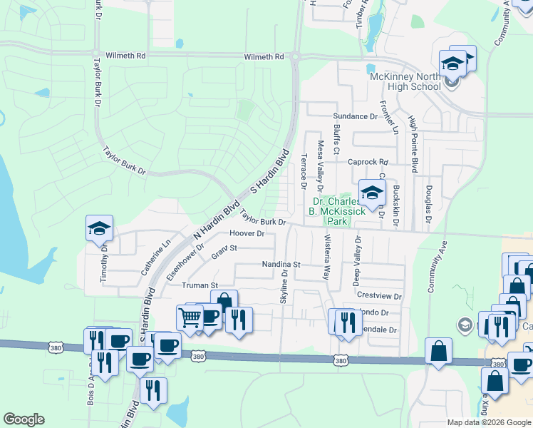 map of restaurants, bars, coffee shops, grocery stores, and more near Hardin Boulevard in McKinney