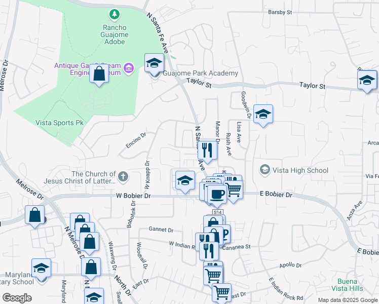 map of restaurants, bars, coffee shops, grocery stores, and more near 254 Candice Place in Vista