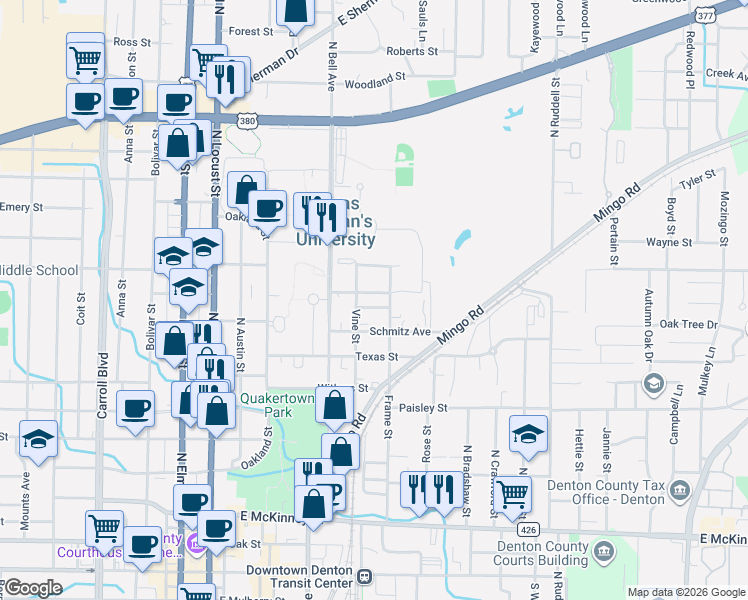map of restaurants, bars, coffee shops, grocery stores, and more near 629 East College Street in Denton