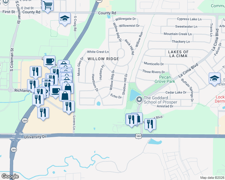 map of restaurants, bars, coffee shops, grocery stores, and more near 800 Camden Way in Prosper