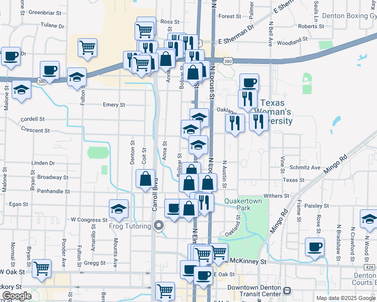 map of restaurants, bars, coffee shops, grocery stores, and more near 1311 North Elm Street in Denton