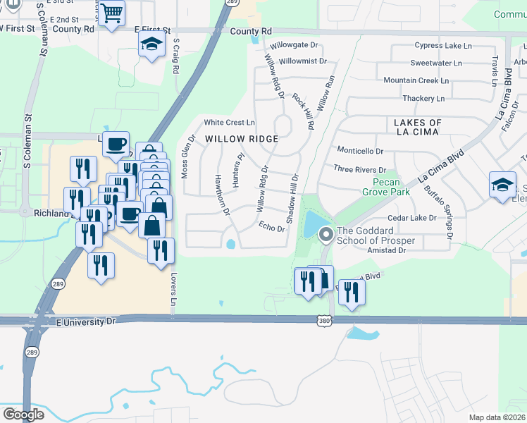 map of restaurants, bars, coffee shops, grocery stores, and more near 800 Camden Way in Prosper