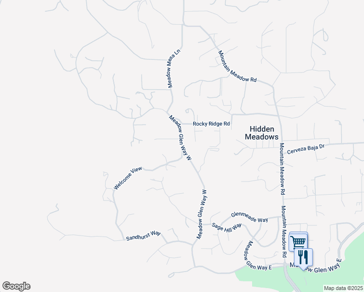 map of restaurants, bars, coffee shops, grocery stores, and more near Meadow Glen Way West in Hidden Meadows