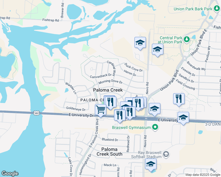 map of restaurants, bars, coffee shops, grocery stores, and more near 1512 Nightingale Drive in Aubrey