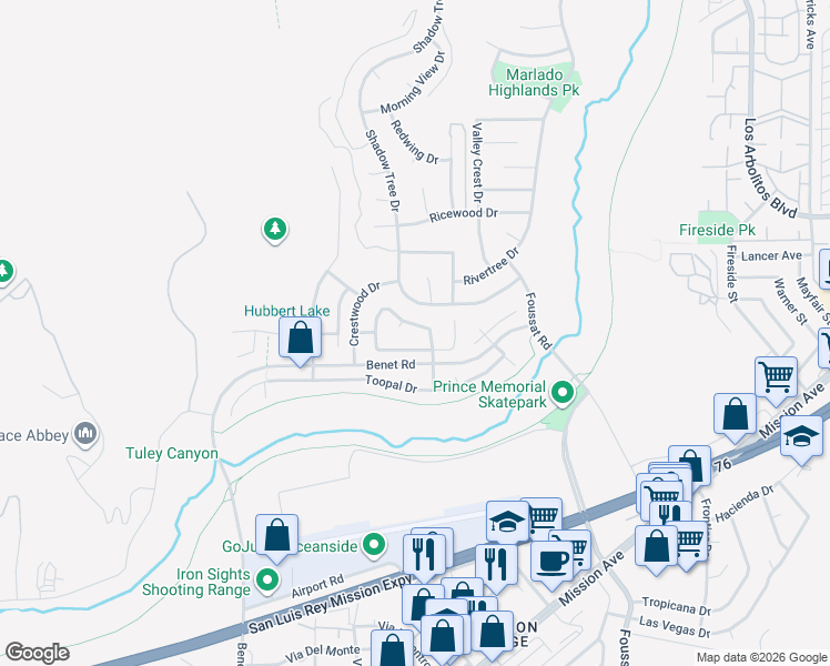map of restaurants, bars, coffee shops, grocery stores, and more near 584 Big Sky Drive in Oceanside