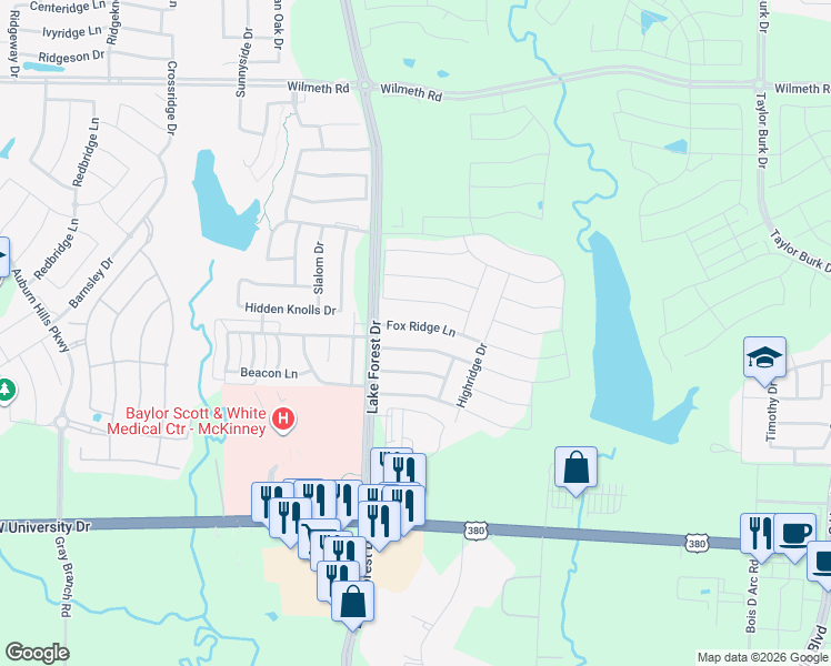 map of restaurants, bars, coffee shops, grocery stores, and more near 4909 Fox Ridge Lane in McKinney
