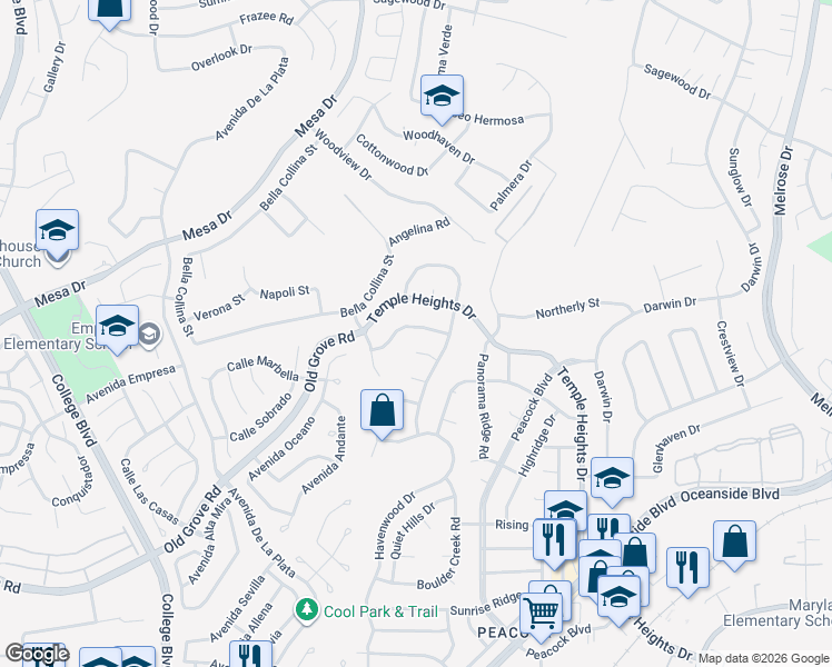 map of restaurants, bars, coffee shops, grocery stores, and more near 4635 Briar Ridge Road in Oceanside