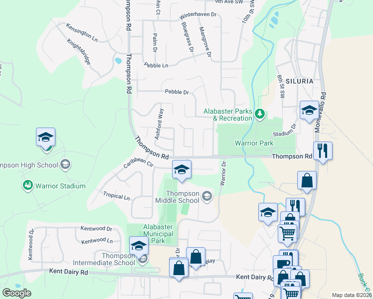 map of restaurants, bars, coffee shops, grocery stores, and more near 1533 Applegate Lane in Alabaster