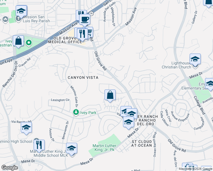 map of restaurants, bars, coffee shops, grocery stores, and more near 4287 Dowitcher Way in Oceanside