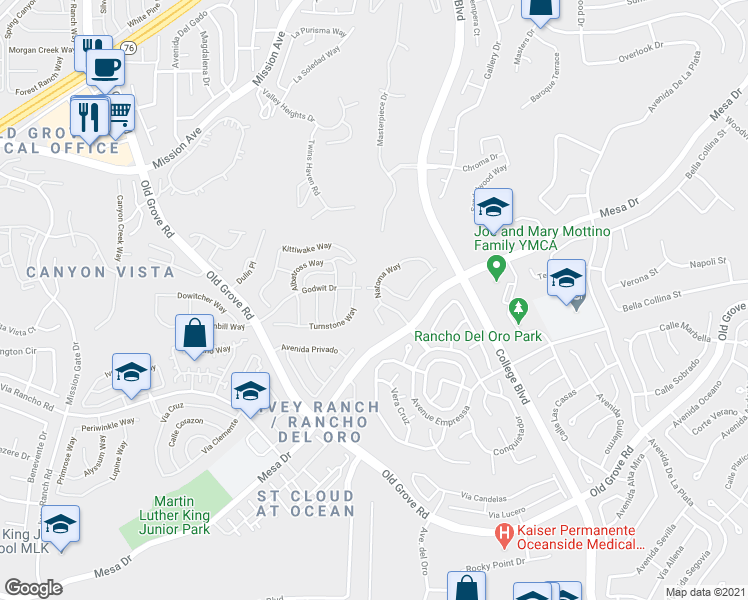 map of restaurants, bars, coffee shops, grocery stores, and more near 1022 Turnstone Way in Oceanside