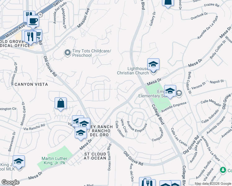 map of restaurants, bars, coffee shops, grocery stores, and more near 1275 Natoma Way in Oceanside