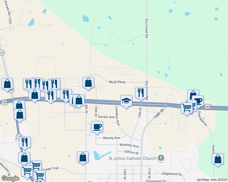 map of restaurants, bars, coffee shops, grocery stores, and more near 1203 U.S. 380 in Bridgeport