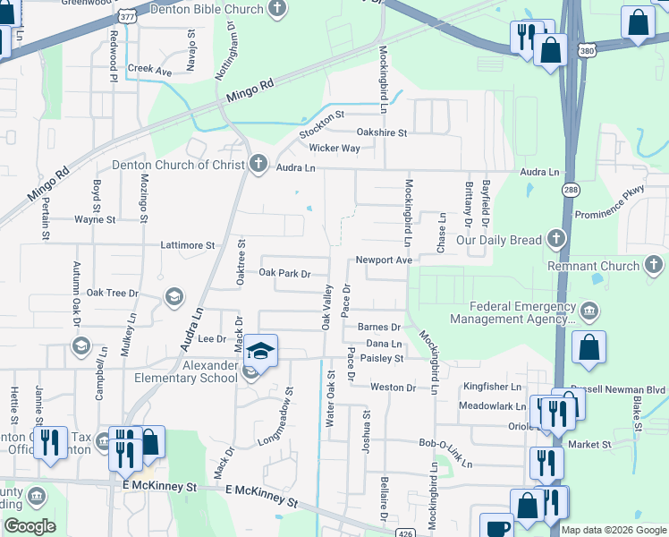 map of restaurants, bars, coffee shops, grocery stores, and more near 1204 Oak Valley in Denton