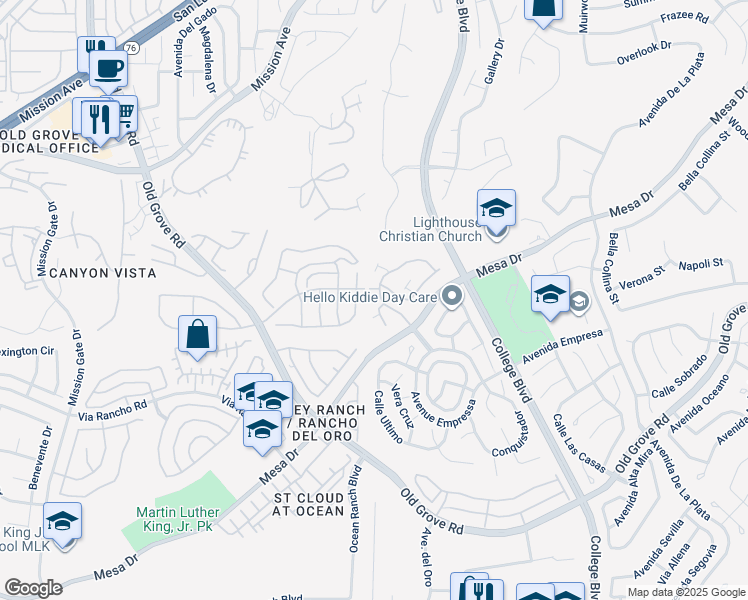 map of restaurants, bars, coffee shops, grocery stores, and more near 1275 Natoma Way in Oceanside