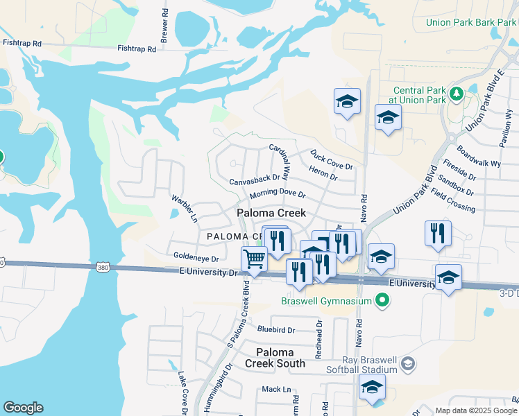 map of restaurants, bars, coffee shops, grocery stores, and more near 1404 Nightingale Drive in Aubrey