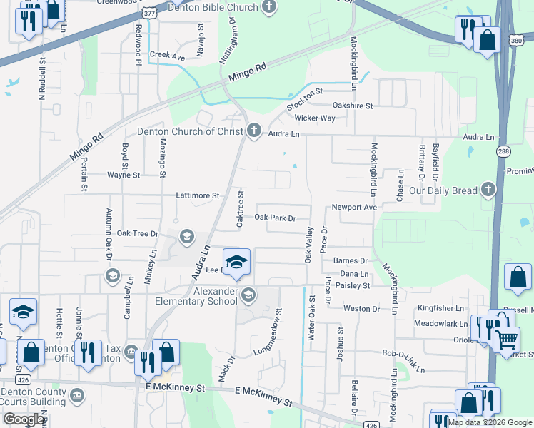 map of restaurants, bars, coffee shops, grocery stores, and more near in Denton