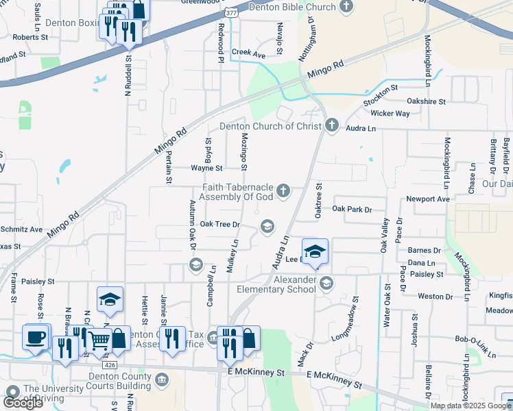 map of restaurants, bars, coffee shops, grocery stores, and more near 1214 Mulkey Lane in Denton
