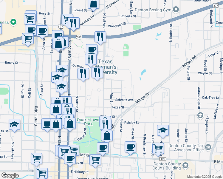 map of restaurants, bars, coffee shops, grocery stores, and more near 1200 North Bell Avenue in Denton