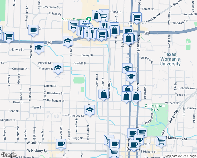 map of restaurants, bars, coffee shops, grocery stores, and more near 1024 Denton Street in Denton