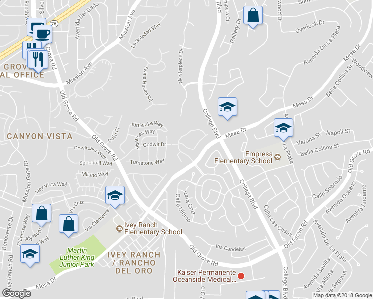 map of restaurants, bars, coffee shops, grocery stores, and more near 4645 Los Alamos Way in Oceanside