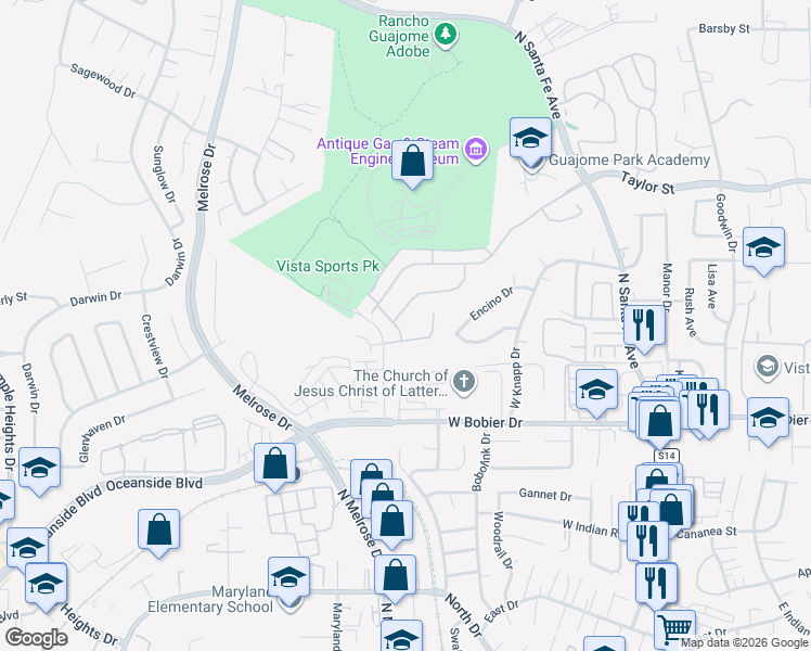 map of restaurants, bars, coffee shops, grocery stores, and more near 1513 Avila Lane in Vista