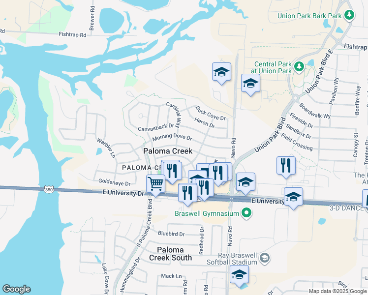 map of restaurants, bars, coffee shops, grocery stores, and more near 1613 Nightingale Drive in Aubrey