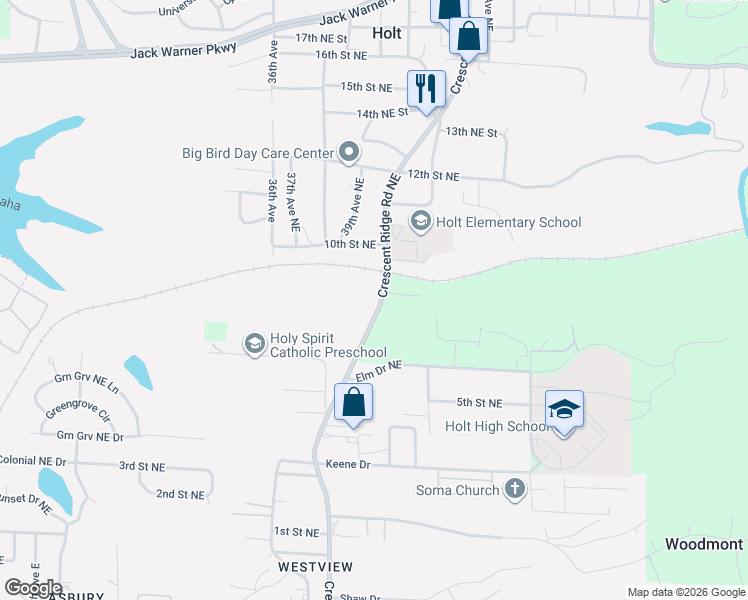 map of restaurants, bars, coffee shops, grocery stores, and more near 819-899 Crescent Ridge Road Northeast in Holt