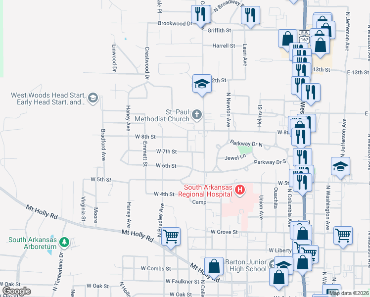 map of restaurants, bars, coffee shops, grocery stores, and more near 1000 West 8th Street in El Dorado