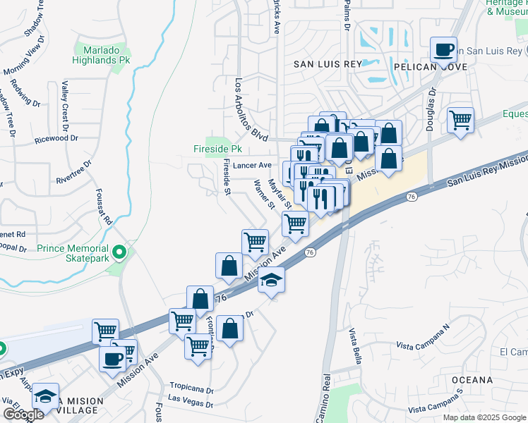 map of restaurants, bars, coffee shops, grocery stores, and more near 148 Heritage Street in Oceanside