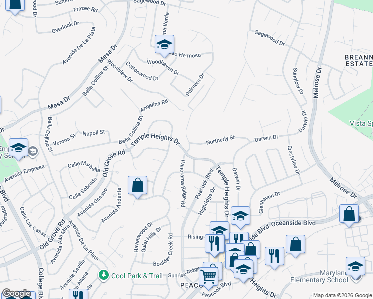 map of restaurants, bars, coffee shops, grocery stores, and more near 1363 Panorama Ridge Road in Oceanside