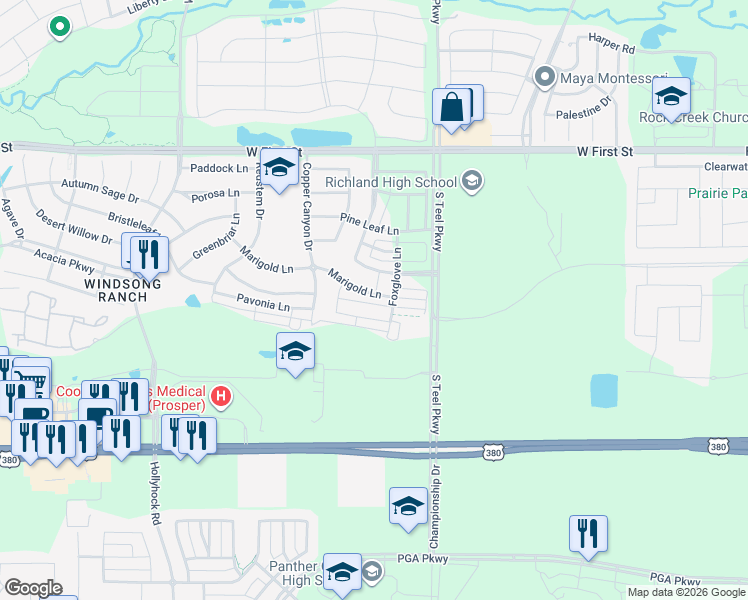 map of restaurants, bars, coffee shops, grocery stores, and more near 1000 Foxglove Lane in Prosper