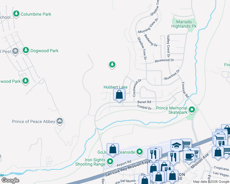 map of restaurants, bars, coffee shops, grocery stores, and more near 3178 Huula Drive in Oceanside