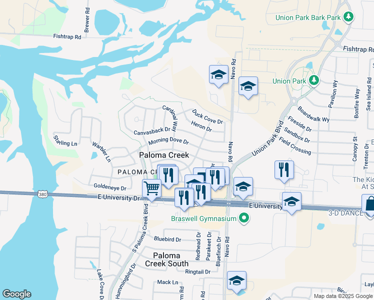 map of restaurants, bars, coffee shops, grocery stores, and more near 1705 Nightingale Drive in Aubrey
