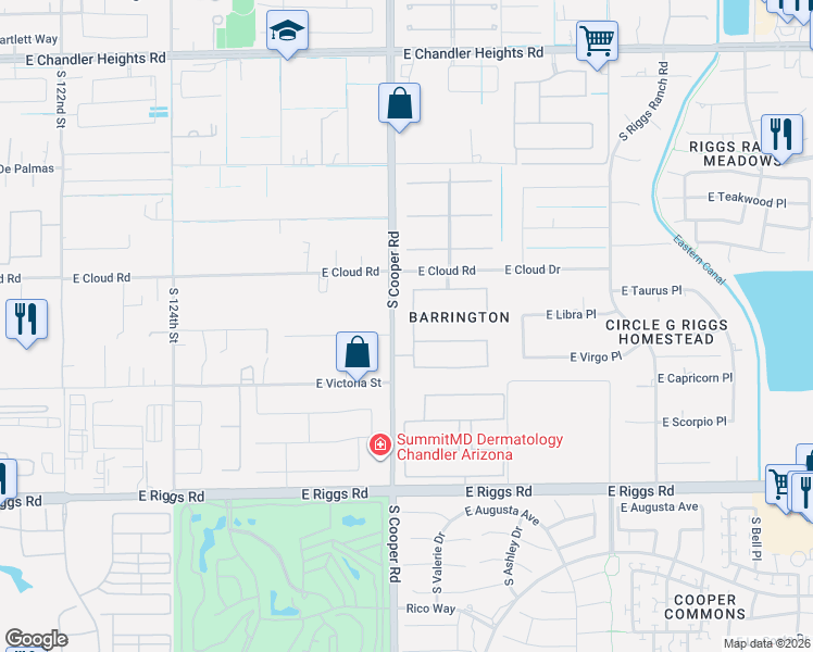 map of restaurants, bars, coffee shops, grocery stores, and more near 2046 East Libra Place in Chandler