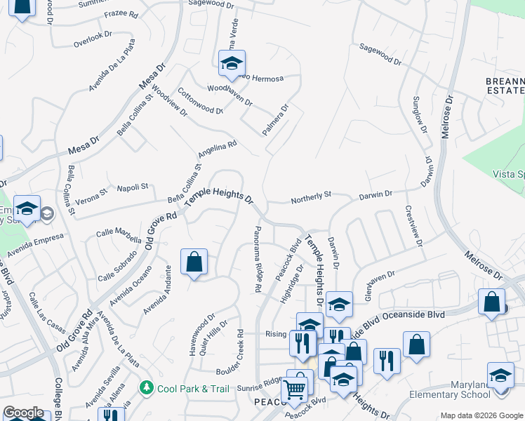 map of restaurants, bars, coffee shops, grocery stores, and more near 1363 Panorama Ridge Road in Oceanside