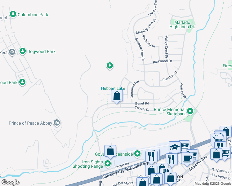 map of restaurants, bars, coffee shops, grocery stores, and more near 3178 Huula Drive in Oceanside