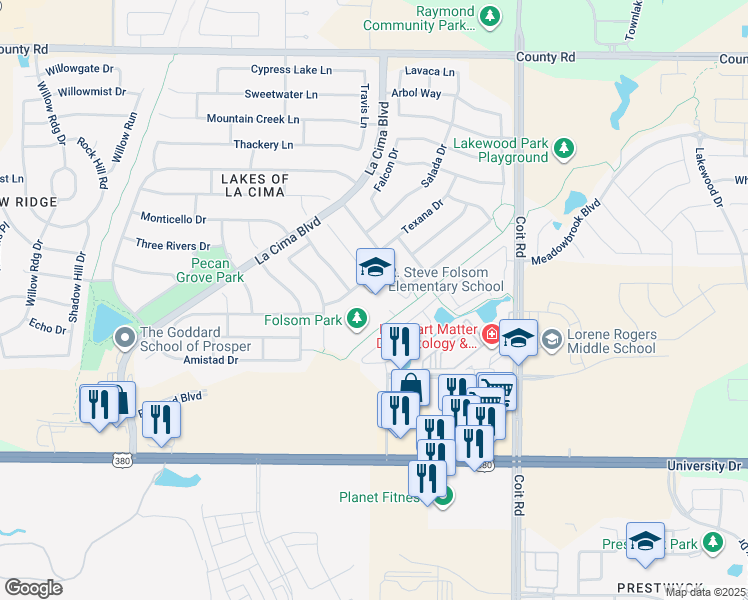 map of restaurants, bars, coffee shops, grocery stores, and more near 800 Somerville Drive in Prosper