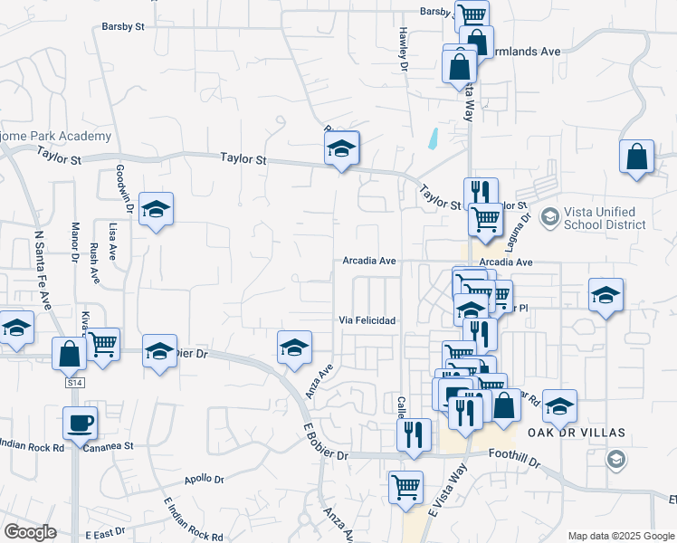 map of restaurants, bars, coffee shops, grocery stores, and more near 1653 Anza Avenue in Vista