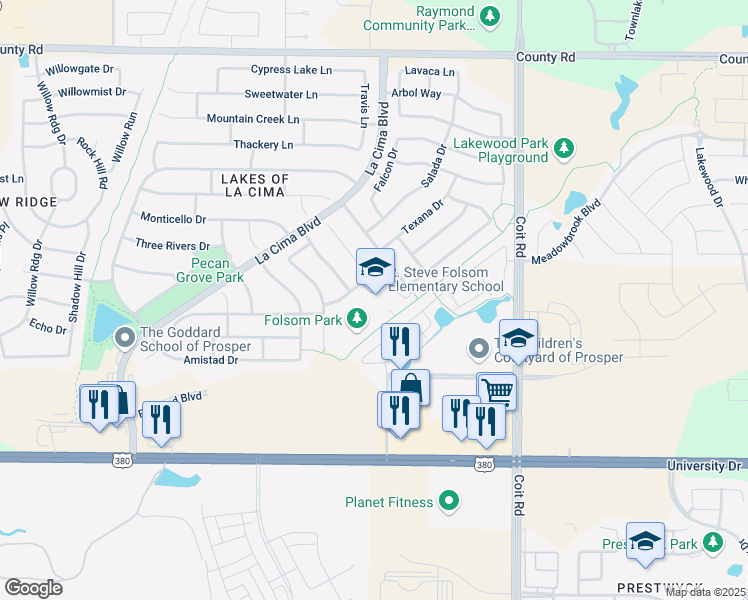 map of restaurants, bars, coffee shops, grocery stores, and more near 800 Somerville Drive in Prosper