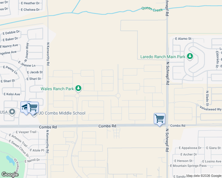 map of restaurants, bars, coffee shops, grocery stores, and more near 38342 North Schnepf Road in Queen Creek
