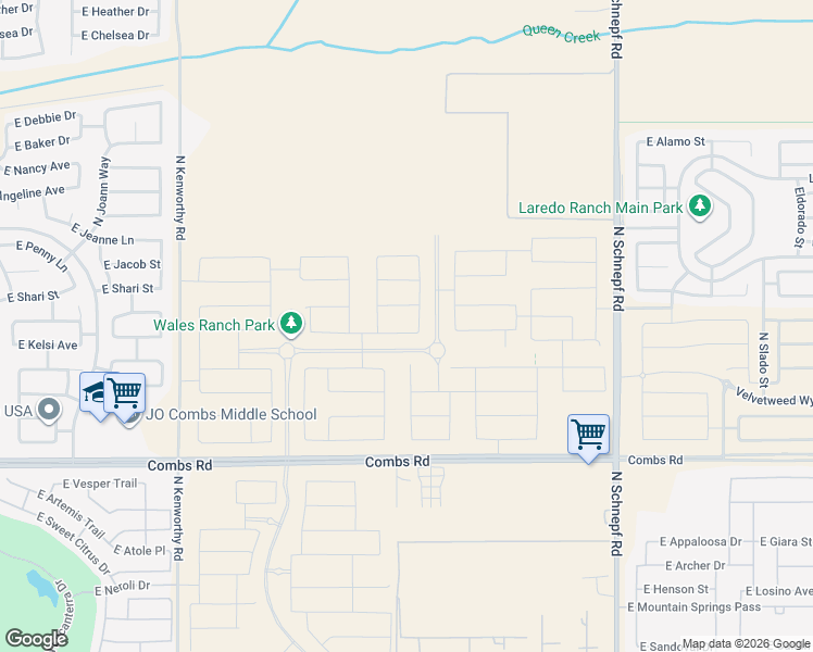 map of restaurants, bars, coffee shops, grocery stores, and more near 38342 North Schnepf Road in Queen Creek