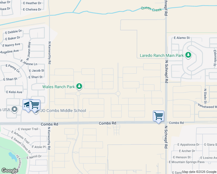 map of restaurants, bars, coffee shops, grocery stores, and more near 38342 North Schnepf Road in Queen Creek
