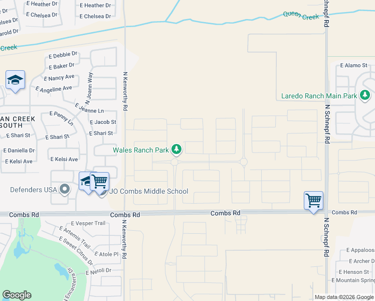 map of restaurants, bars, coffee shops, grocery stores, and more near 2359 East Combs Road in San Tan Valley