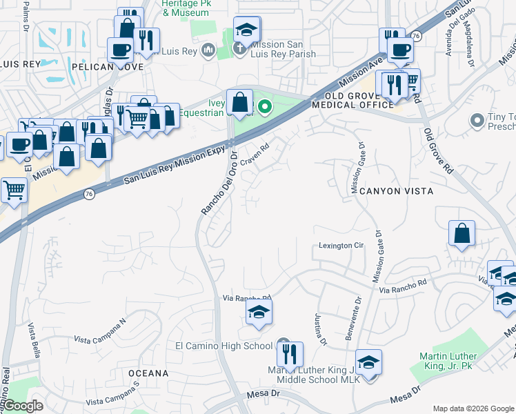 map of restaurants, bars, coffee shops, grocery stores, and more near 242 Sophia Way in Oceanside